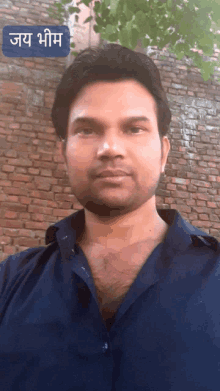 a man in a blue shirt is standing in front of a brick wall with a blue sign above him that says jay bheem