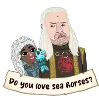 a cartoon of a man and a woman with the words do you love sea horses on a scroll