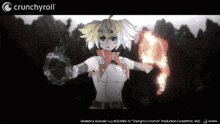 a crunchyroll advertisement with a girl holding fire