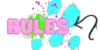 the word rules is written in pink on a blue and green background