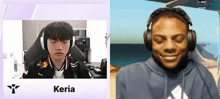 a man wearing headphones is next to a man wearing a hoodie with the word keria on it