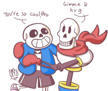 a drawing of sans and papyrus with the words " gimme a hug " on the bottom