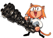 a cartoon cat is holding a machine gun with a lot of bullets