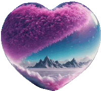 a heart shaped object with purple clouds and mountains inside of it