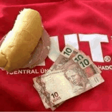 a hot dog is sitting on top of a pile of money .