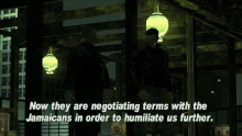 a video game screen shows two men talking and says now they are negotiating terms