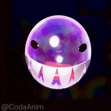 a drawing of a purple ball with a white mouth and a red a and a on it