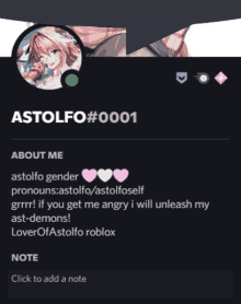 a screenshot of a person 's profile with the name astolfo # 0001