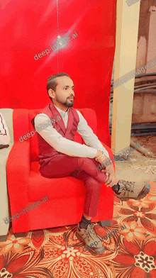 a man in a suit is sitting in a red chair with his legs crossed