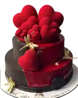 a three tiered cake with red hearts and dragonflies on it