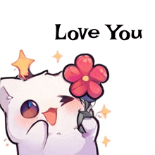 a white cat holding a red flower with the words love you written above it