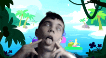 a boy making a funny face in front of a beach scene