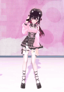 a girl in a pink and black outfit is standing in front of a pink grid wall