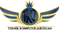 a logo for teknik komputer jaringan with a crown and wings