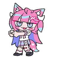 a cartoon drawing of a girl with pink hair and a sticker that says new