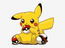 a pikachu is holding a pokeball in its mouth while sitting down