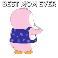 a cartoon of a penguin holding a spoon with the words " best mom ever " above it