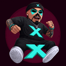 a cartoon drawing of a man wearing a black shirt with a blue x on it