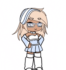 a cartoon girl with blonde hair and glasses is wearing a white dress and white boots .