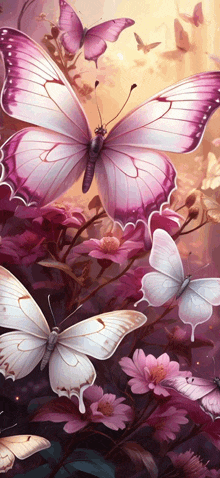 a painting of pink and white butterflies in a garden of pink flowers