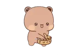a cartoon of a teddy bear holding a basket that says ' yyy ' on it