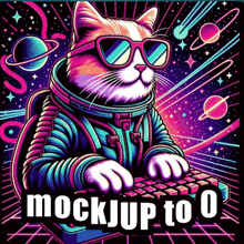 a cat in a space suit is typing on a keyboard with the words mock up to 0 below him