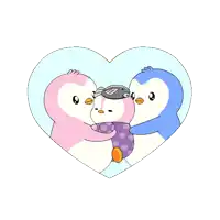 two penguins are hugging each other inside of a heart
