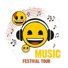 a yellow smiley face wearing headphones and the words music festival tour