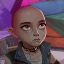 a close up of a cartoon character with a bald head .