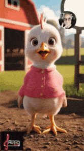 a cartoon chicken wearing a pink jacket and a pink shirt