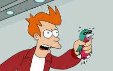 a cartoon of fry from futurama holding a stuffed animal in his hand