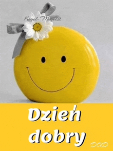 a yellow smiley face with a flower on its head and the words dzien dobry