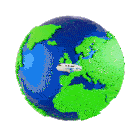 a blue and green globe with a plane flying around it