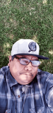 a man wearing glasses and a baseball cap is laying on the grass