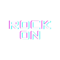 a white background with the words rock on written in purple and blue