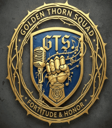 a logo for the golden thorn squad shows a fist with a microphone