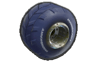 a close up of a blue tire that says mariokart