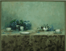 a painting of a table with a vase of flowers and cups and saucers