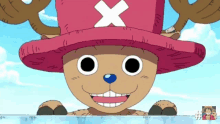 a cartoon character wearing a pink hat with a white x on it