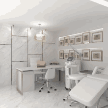 a 3d rendering of a medical office with marble walls , a desk , chairs , and a bed .