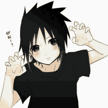 sasuke uchiha from naruto is wearing a black t-shirt and making a cat paw gesture .