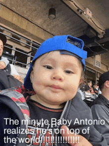 a baby wearing a blue hat with the words " the minute baby antonio realizes he 's on top of the world " written below it