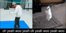 a picture of a person dancing next to a picture of a rabbit that says oh yeah woo