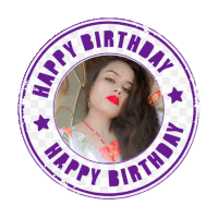 a purple happy birthday stamp with a woman in the center