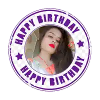 a purple happy birthday stamp with a woman in the center