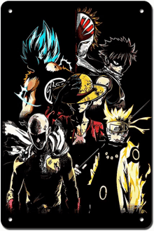 a poster of a group of anime characters including one punch man , one piece , bleach and naruto