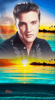 a painting of elvis presley in front of a sunset