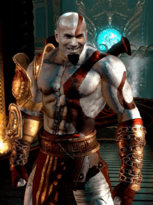 a god of war character is smiling and holding a sword