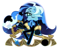a cartoon character with blue hair is holding a key and a fan