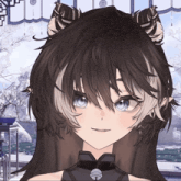 a close up of a girl 's face with horns and a bell around her neck